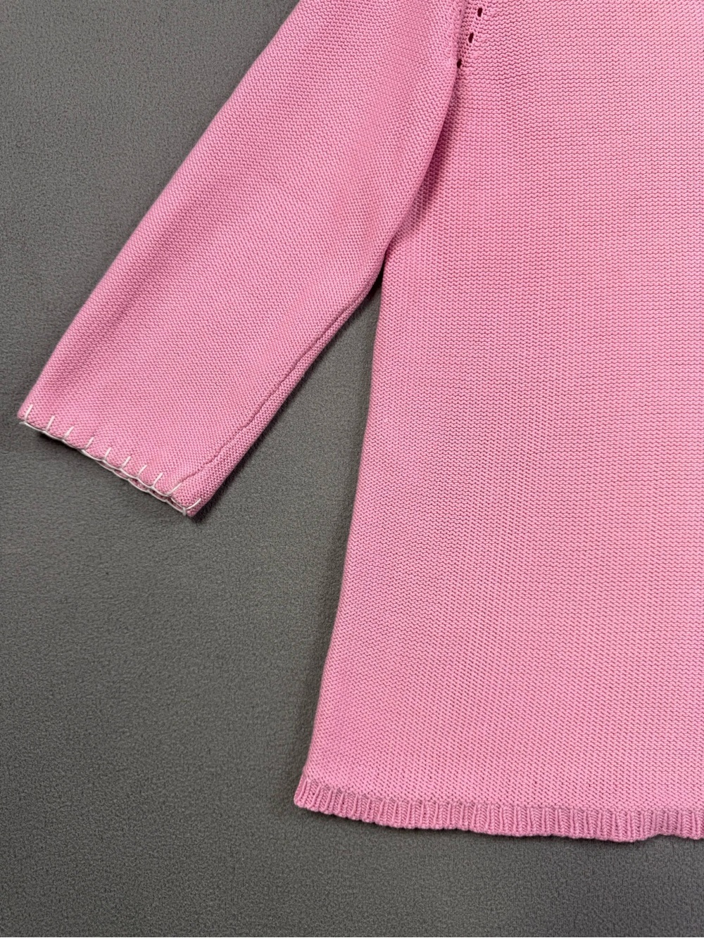 Sigrid Olsen Pink 3/4 Sleeve V-Neck Knit Top, Hem and Neckline Detail, Medium - Picture 5 of 12